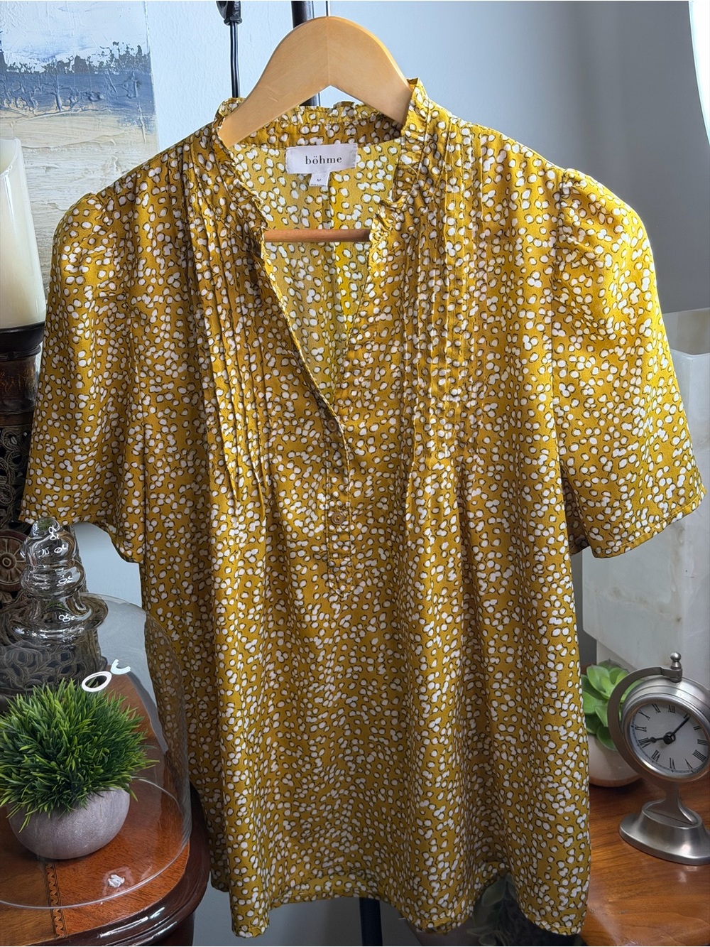 bohme Yellow Printed Short Sleeve Blouse with White Dot Pattern
